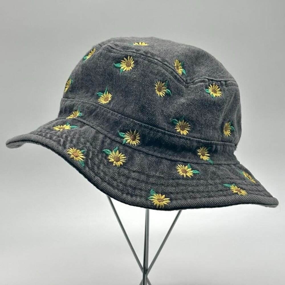 American Eagle Denim Bucket Hat Sunflower Embroidered Black Denim One Size